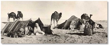 Bedouin camp in the wilderness, illustrating the nomadic lifestyle of the Ancient Hebrews and its influence on their language and culture.