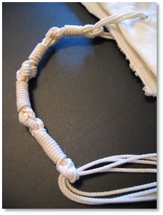 Close-up of a tsiytsiyt (Hebrew fringe) attached to the corner of a garment, as commanded in Numbers 15:38.