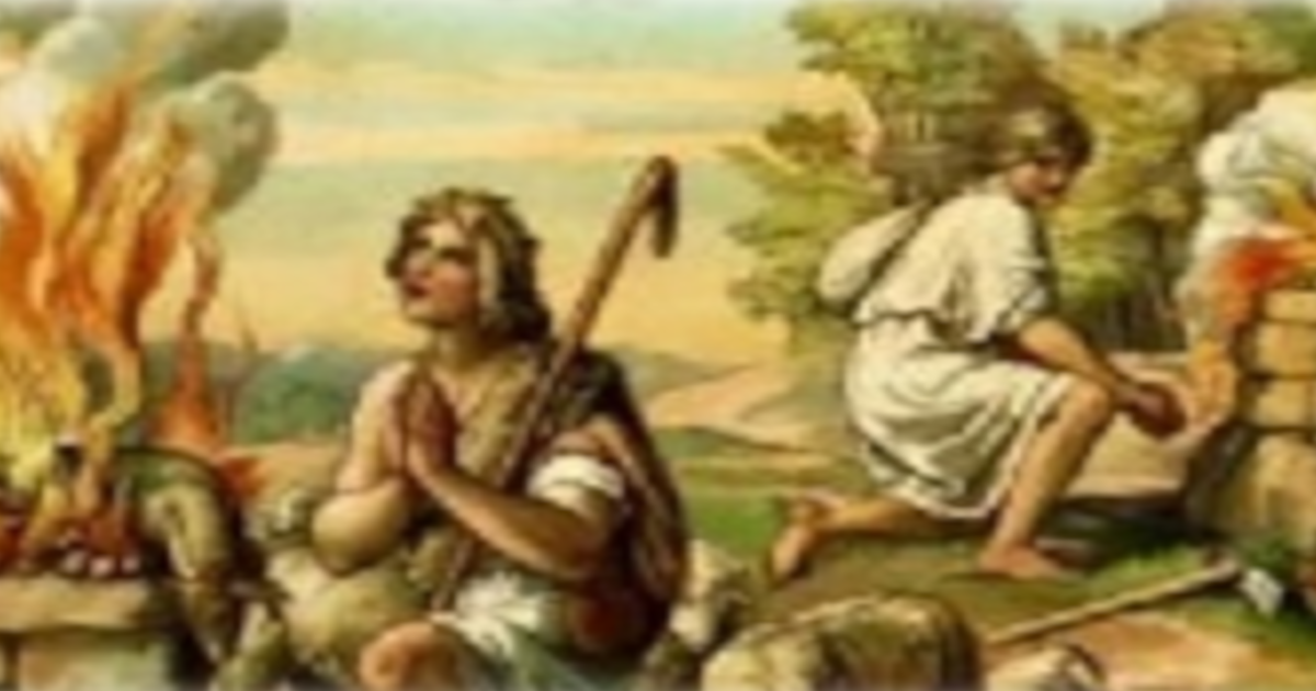 Illustration of Cain presenting an animal sacrifice and Abel with crop offerings, revealing Hebrew insights into their story